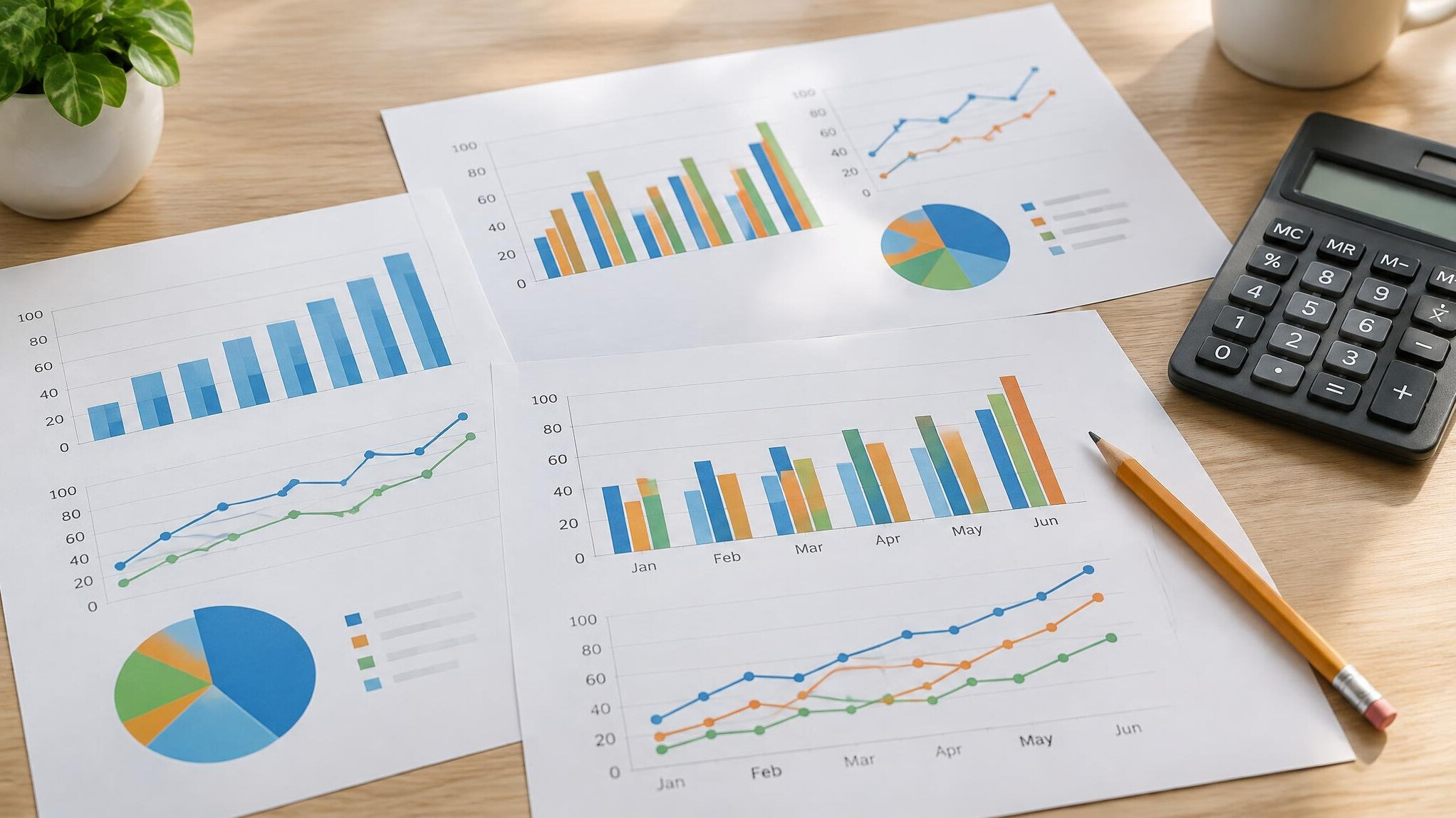 Printed data charts and graphs spread on a table
