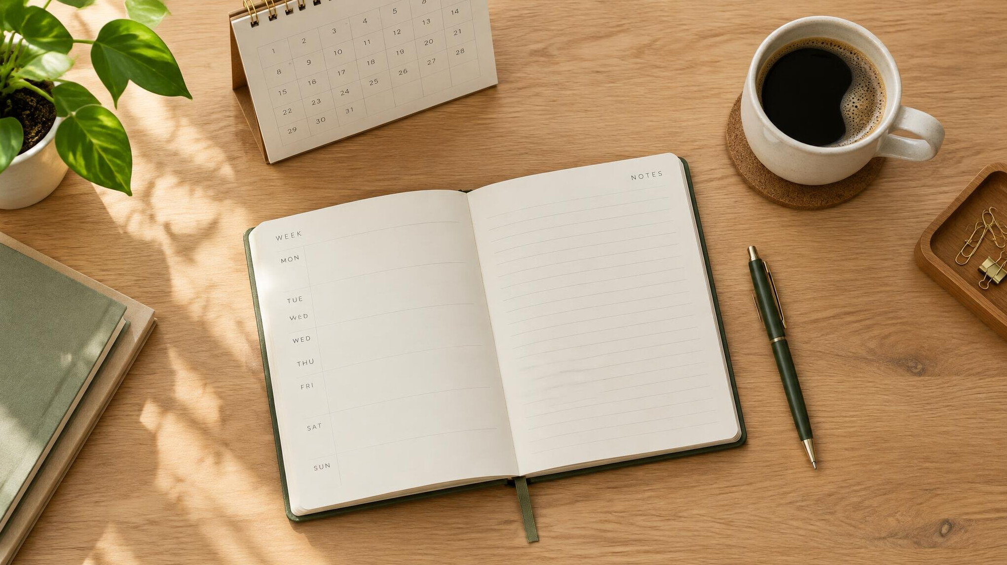 Planner notebook and pen on a desk for business planning