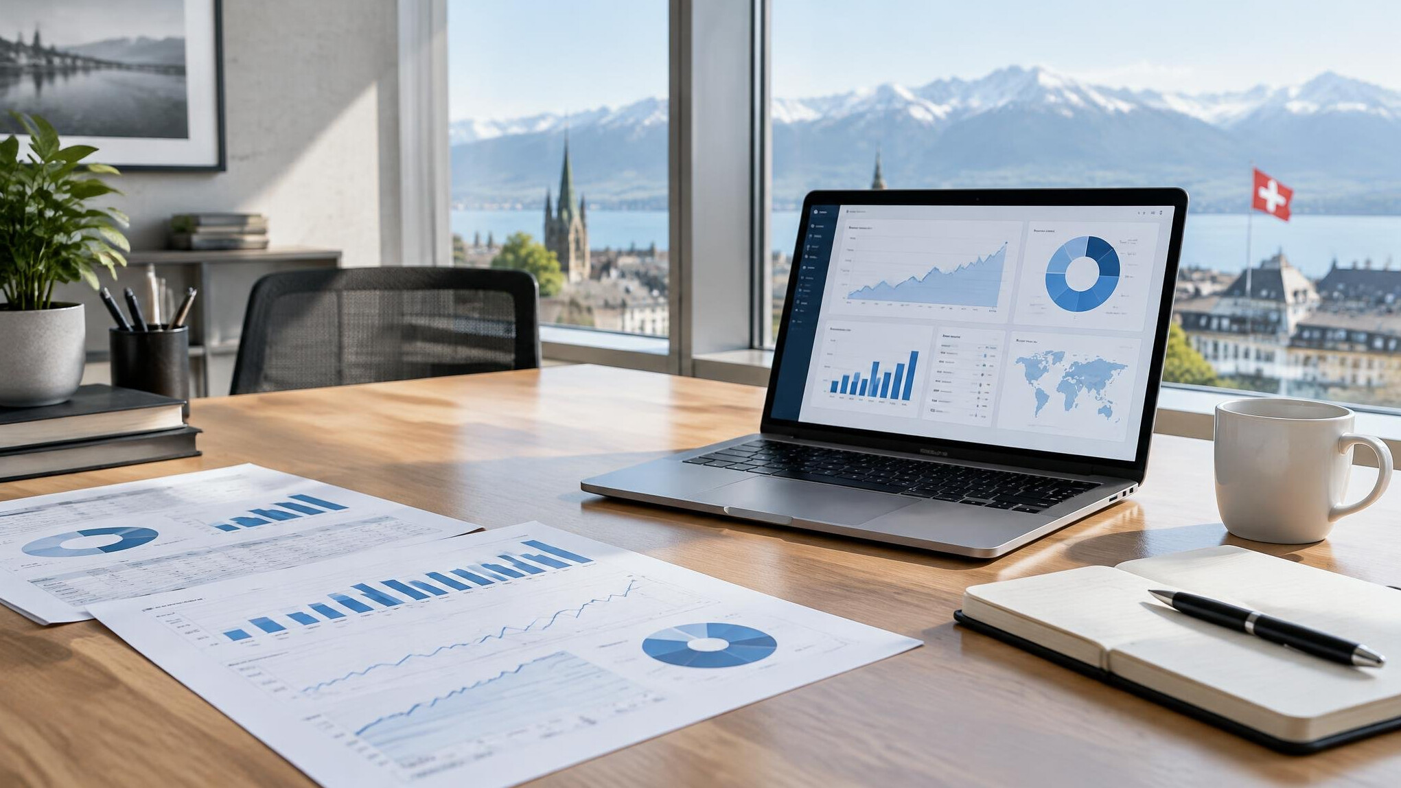 Business desk with charts, documents and a laptop for strategic planning