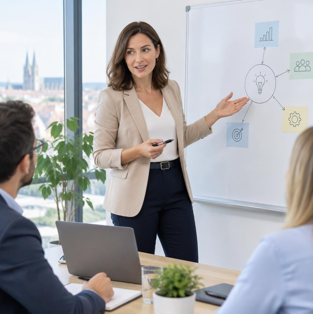 Woman presenting a business plan on a whiteboard to colleagues
